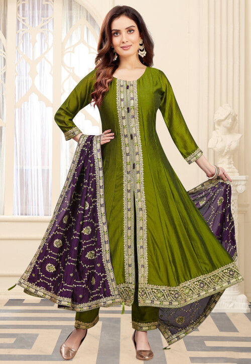 Embroidered Art Silk Anarkali Suit in Olive Green