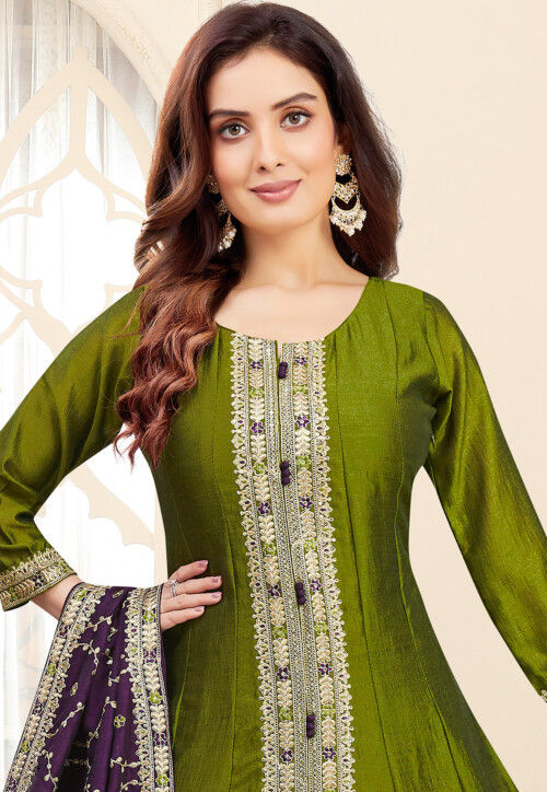 Embroidered Art Silk Anarkali Suit in Olive Green