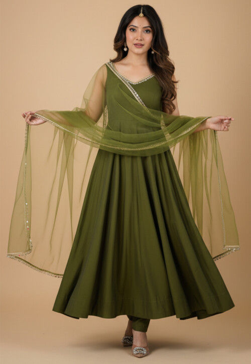 one shoulder festival dress Buy Dark Green Jacquard Silk Anarkali Suit With Festive Jacket Overlay main image 1