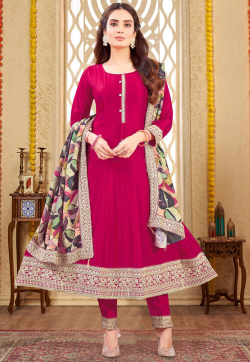 Embroidered Art Silk Anarkali Suit in Pink
