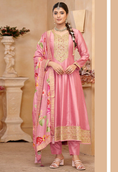 Embroidered Art Silk Anarkali Suit in Pink