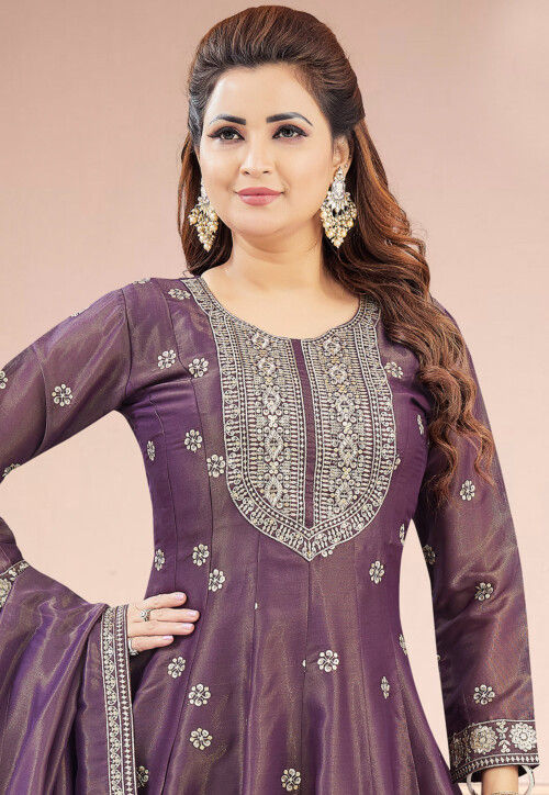 Glam Purple & Gold Embroidered Silk Anarkali Suit