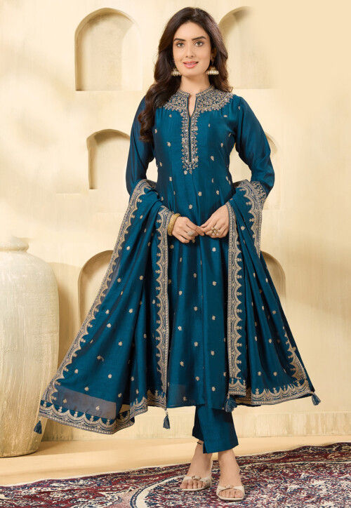 Utsav Fashion Embroidered Art Silk Anarkali Suit in Teak Blue