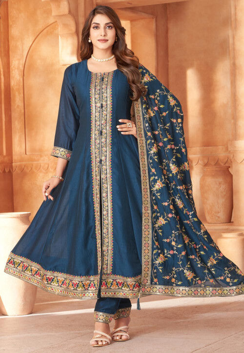 slim fit dress slacks Blue Premium Viscos Velvet Embroidered Straight-Cut Anarkali Suit Set with Sanderi Silk Dupatta – Full-Sleeve Designer Ethnic Wear for Women XXXL