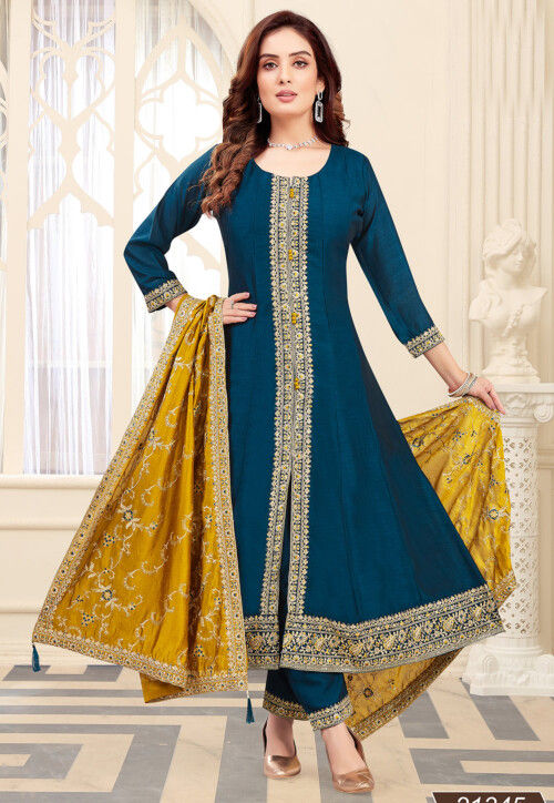Embroidered Art Silk Anarkali Suit in Teal Blue