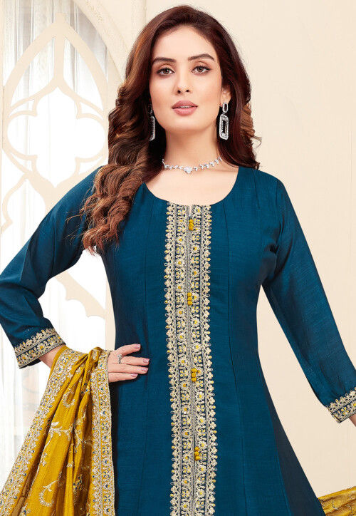 Embroidered Art Silk Anarkali Suit in Teal Blue