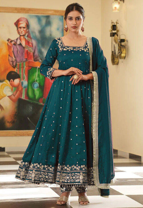 Buy Embroidered Art Silk Anarkali Suit in Teal Blue Online : KBN1488 - Utsav Fashion Buy Embroidered Art Silk Anarkali Suit in Teal Blue Online : KBN1488 - Utsav Fashion