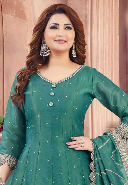 Teal Blue Anarkali style Suits Art Silk