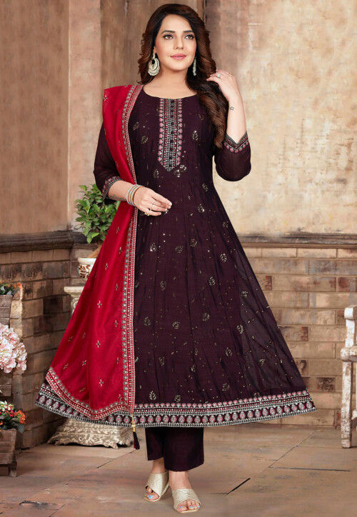 Embroidered Art Silk Anarkali Suit in Wine