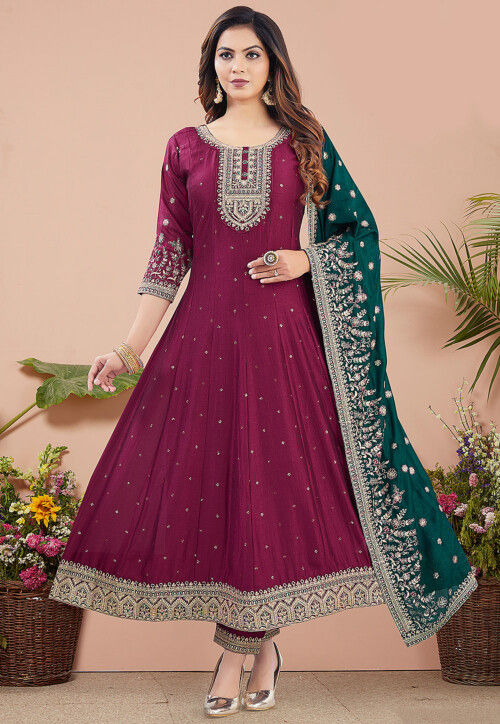 Embroidered Art Silk Anarkali suit in Wine
