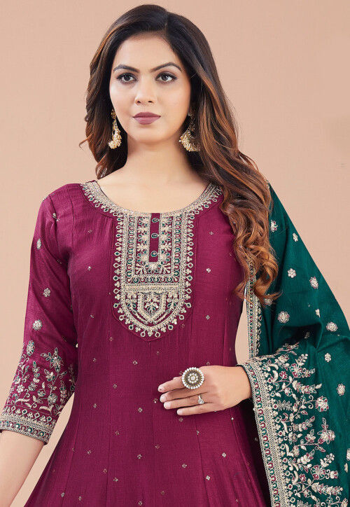 Embroidered Art Silk Anarkali suit in Wine
