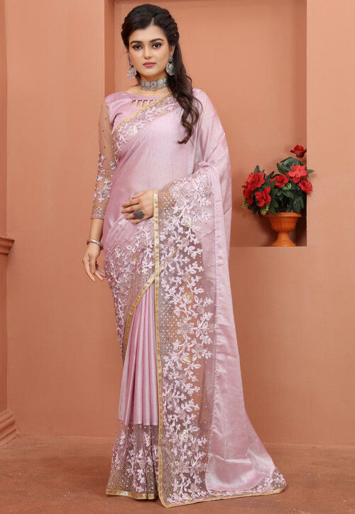 Embroidered Art Silk and Net Saree in Light Purple