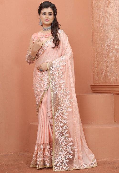 Embroidered Art Silk and Net Saree in Peach