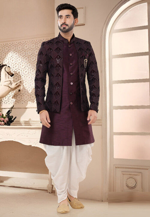 Embroidered Art Silk and Velvet Layered Sherwani in Wine