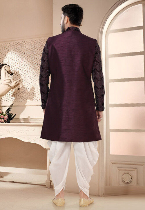 Embroidered Art Silk and Velvet Layered Sherwani in Wine