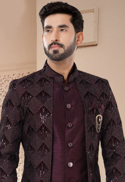 Embroidered Art Silk and Velvet Layered Sherwani in Wine