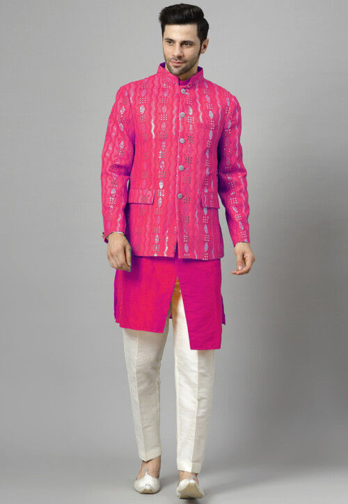 Embroidered Art Silk Asymmetric Kurta Set in Fuchsia