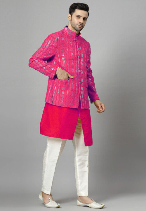 Embroidered Art Silk Asymmetric Kurta Set in Fuchsia