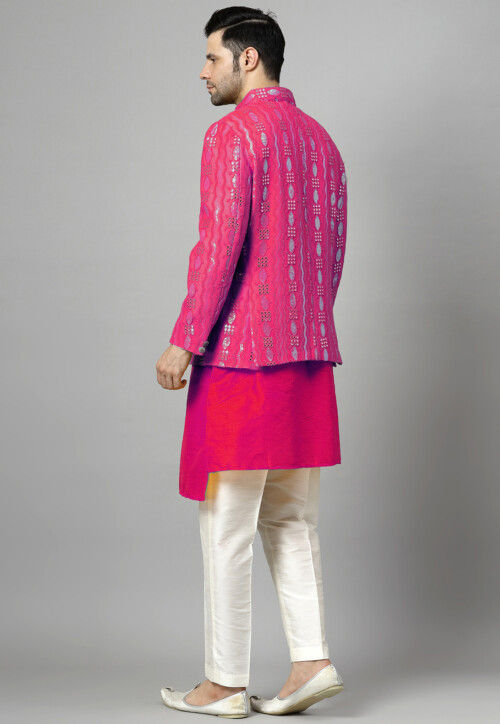Embroidered Art Silk Asymmetric Kurta Set in Fuchsia