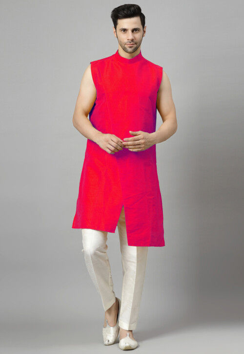 Embroidered Art Silk Asymmetric Kurta Set in Fuchsia