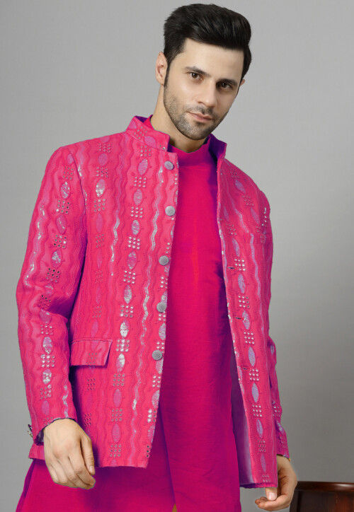 Embroidered Art Silk Asymmetric Kurta Set in Fuchsia