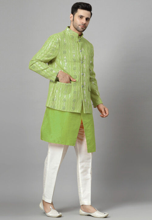 Embroidered Art Silk Asymmetric Kurta Set in Light Olive Green