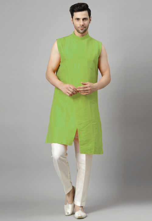 Embroidered Art Silk Asymmetric Kurta Set in Light Olive Green