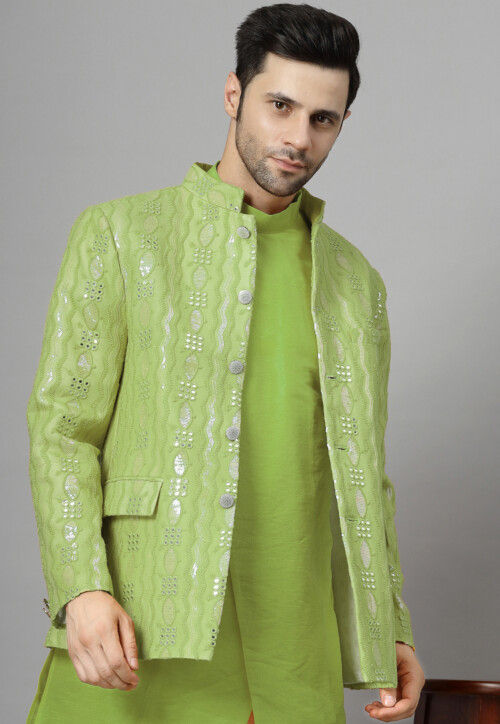 Embroidered Art Silk Asymmetric Kurta Set in Light Olive Green
