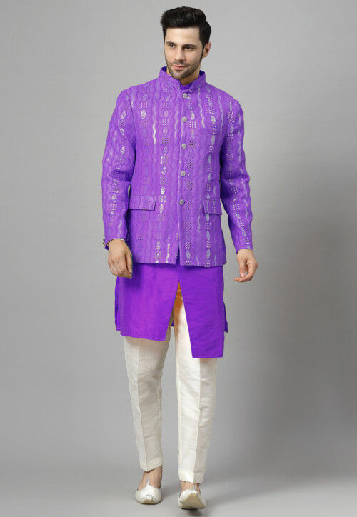 Embroidered Art Silk Asymmetric Kurta Set in Purple