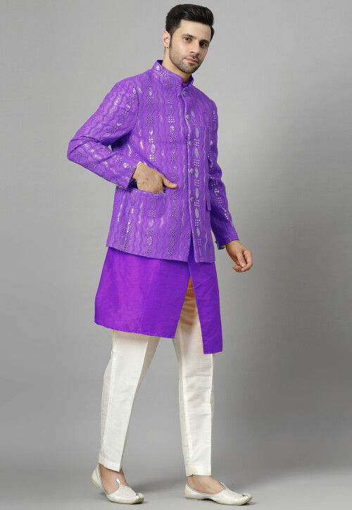 Embroidered Art Silk Asymmetric Kurta Set in Purple