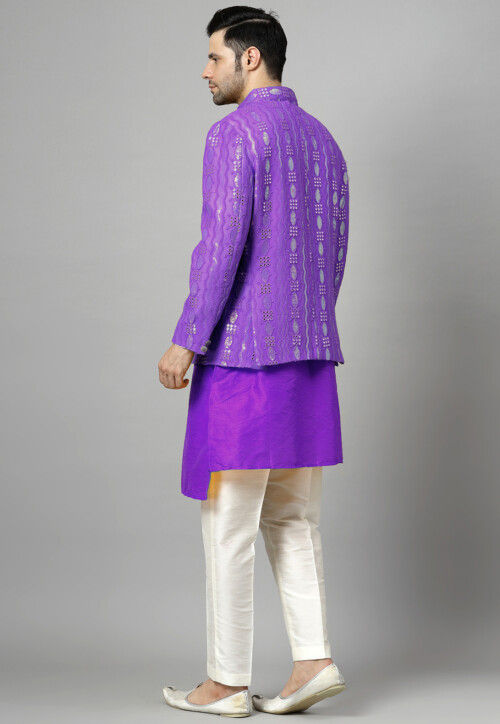 Embroidered Art Silk Asymmetric Kurta Set in Purple