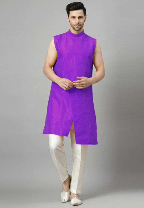 Embroidered Art Silk Asymmetric Kurta Set in Purple