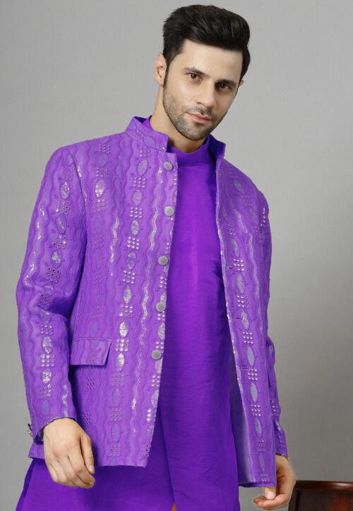 Embroidered Art Silk Asymmetric Kurta Set in Purple