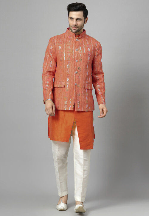 Embroidered Art Silk Asymmetric Kurta Set in Rust