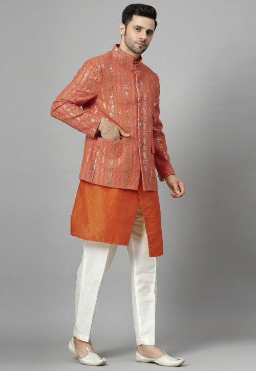 Embroidered Art Silk Asymmetric Kurta Set in Rust