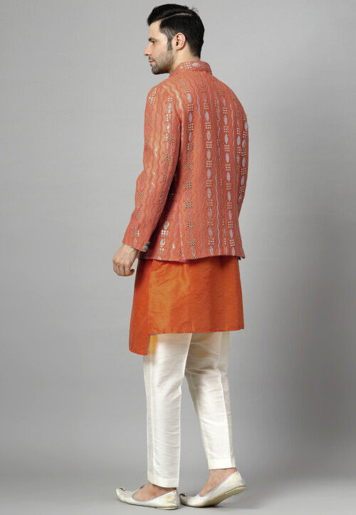 Embroidered Art Silk Asymmetric Kurta Set in Rust