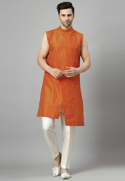 Embroidered Art Silk Asymmetric Kurta Set in Rust