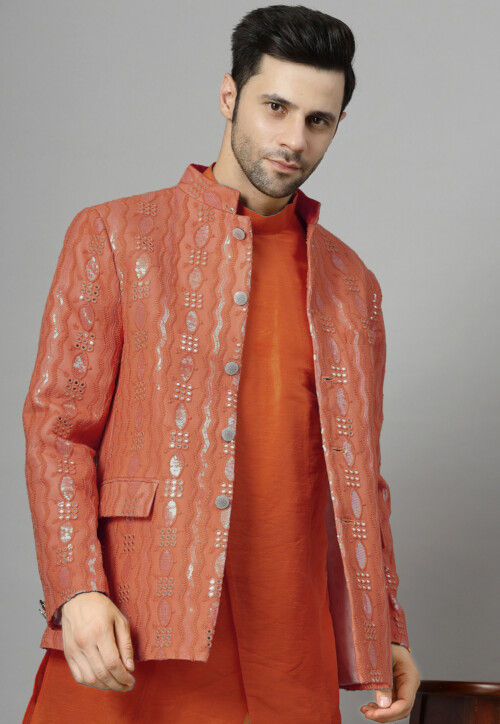 Embroidered Art Silk Asymmetric Kurta Set in Rust