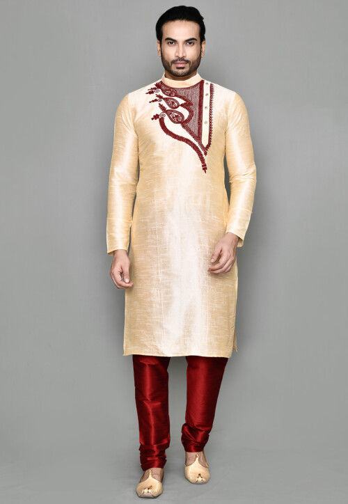 Buy Embroidered Art Silk Bengali Style Kurta Set in Beige Online MDY863 Utsav Fashion