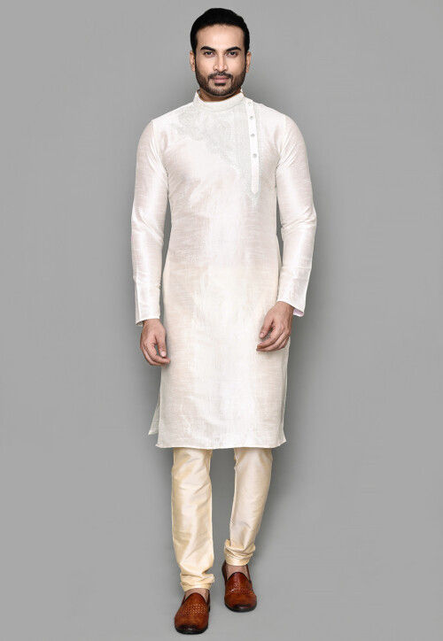 Buy Embroidered Art Silk Bengali Style Kurta Set in Off White Online MDY878 Utsav Fashion