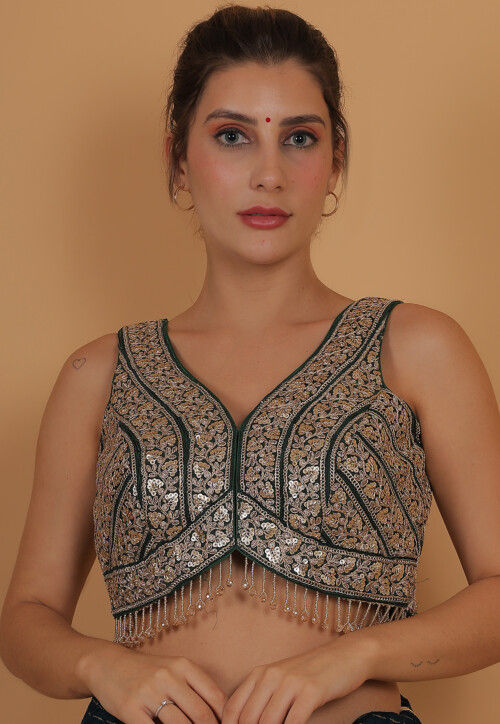 Embroidered Art Silk Blouse in Dark Green
