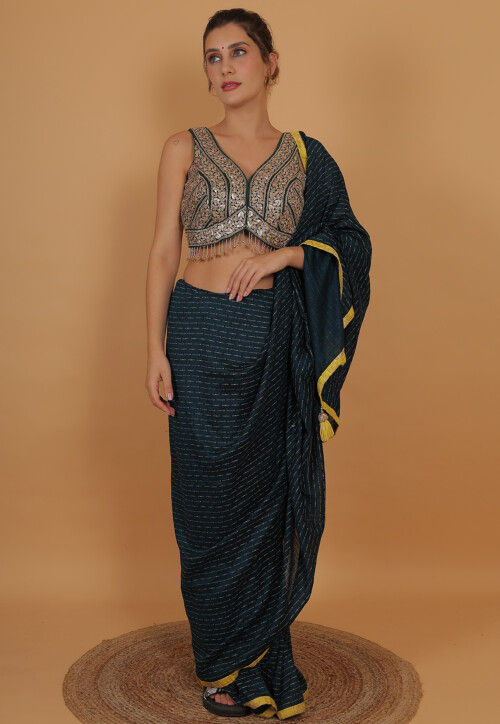 Embroidered Art Silk Blouse in Dark Green