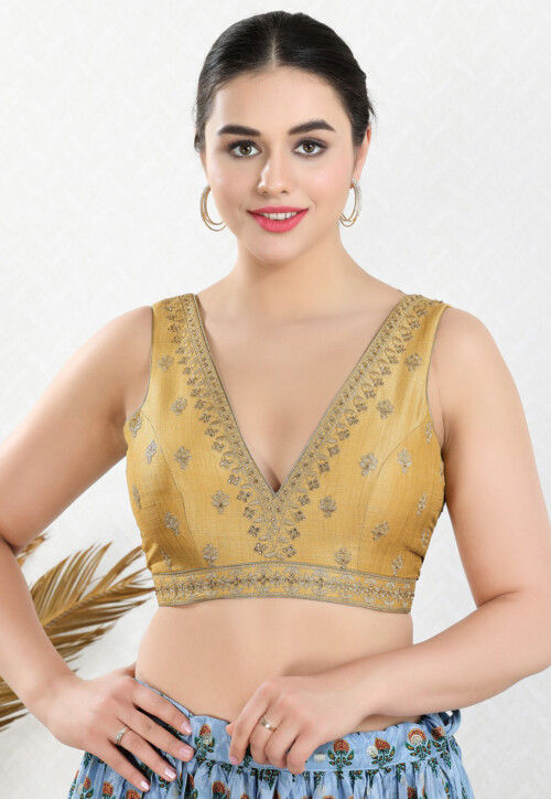 Embroidered Art Silk Blouse in Golden
