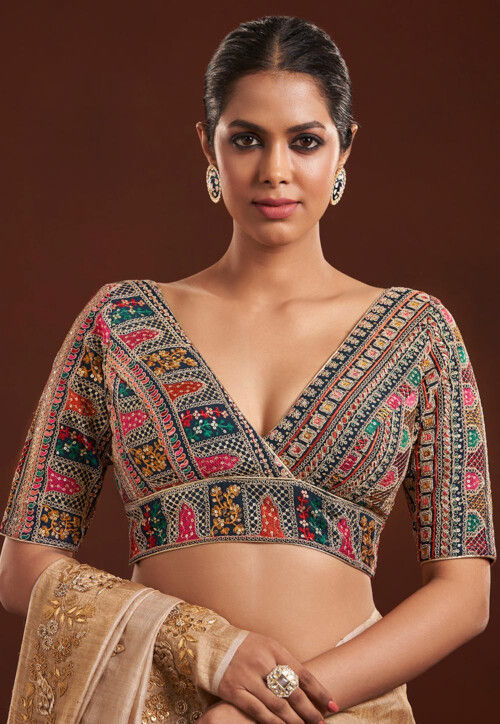 Embroidered Art Silk Blouse in Multicolor