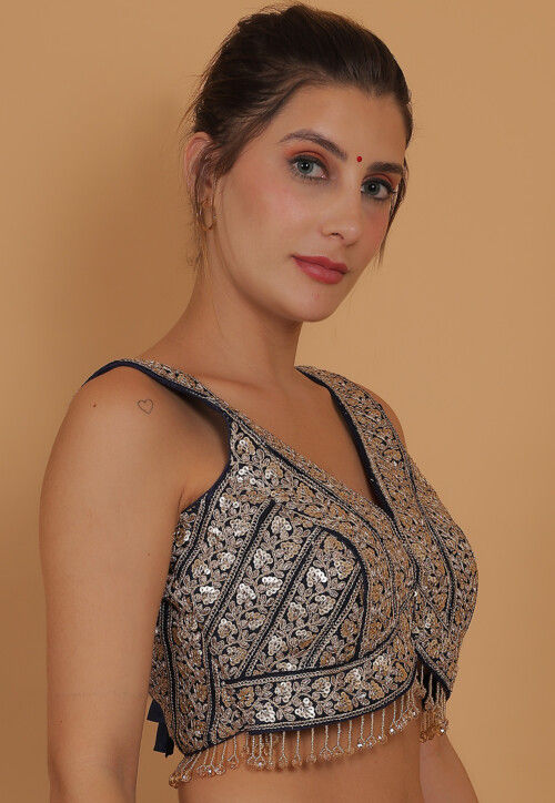 Embroidered Art Silk Blouse in Navy Blue