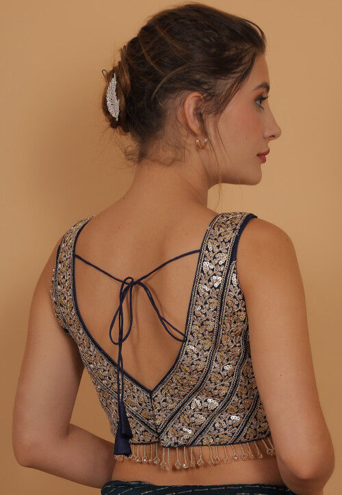 Embroidered Art Silk Blouse in Navy Blue