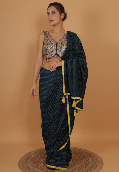 Embroidered Art Silk Blouse in Navy Blue