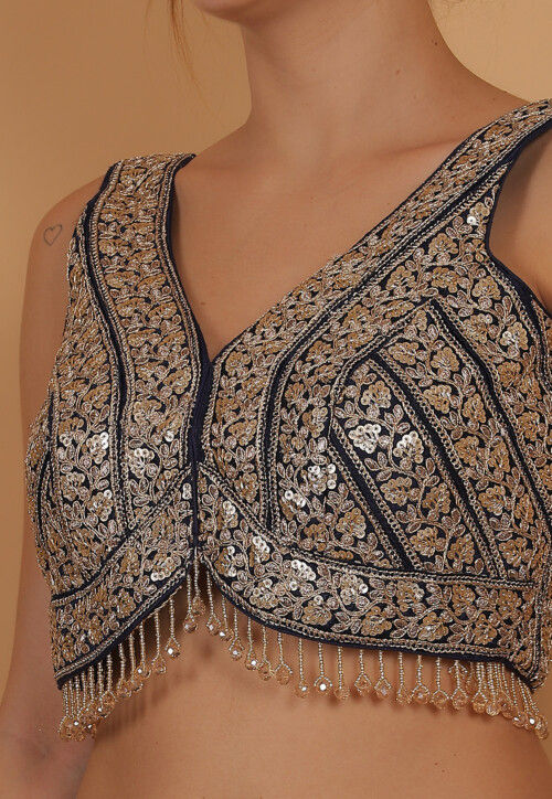 Embroidered Art Silk Blouse in Navy Blue