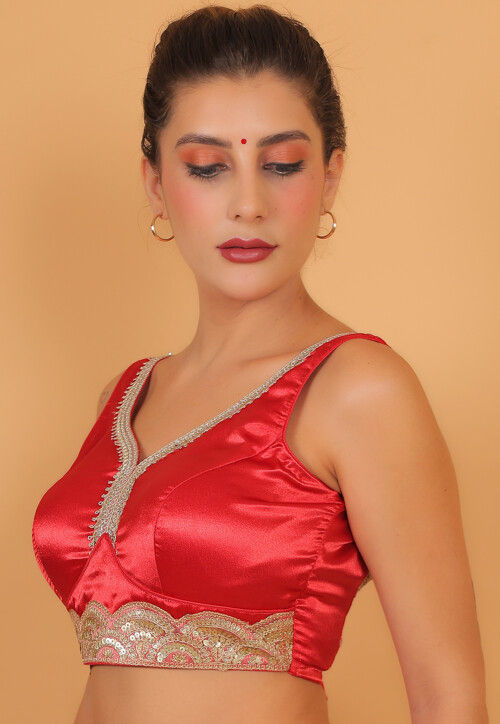 Embroidered Art Silk Blouse in Red