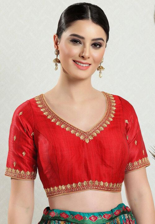 Embroidered Art Silk Blouse in Red